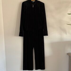 St John Sport Vintage Black Velvet Two-Piece Zip Jacket and Wide-Leg Pants